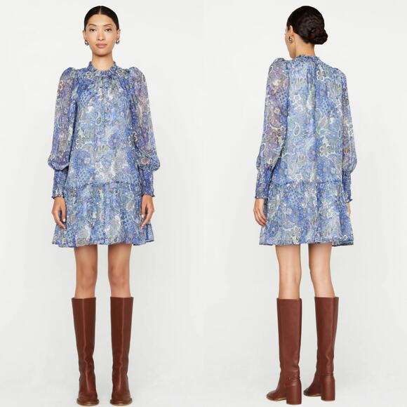 MARIE OLIVER Irena Mini Dress Size Large Silk Metallic Ruffle Smocked Boho Chic - Picture 14 of 15